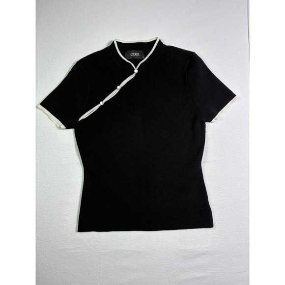Tops - Cider Womens Asymmetric Pearl Button Knit Top Black White Trim Large BLACK